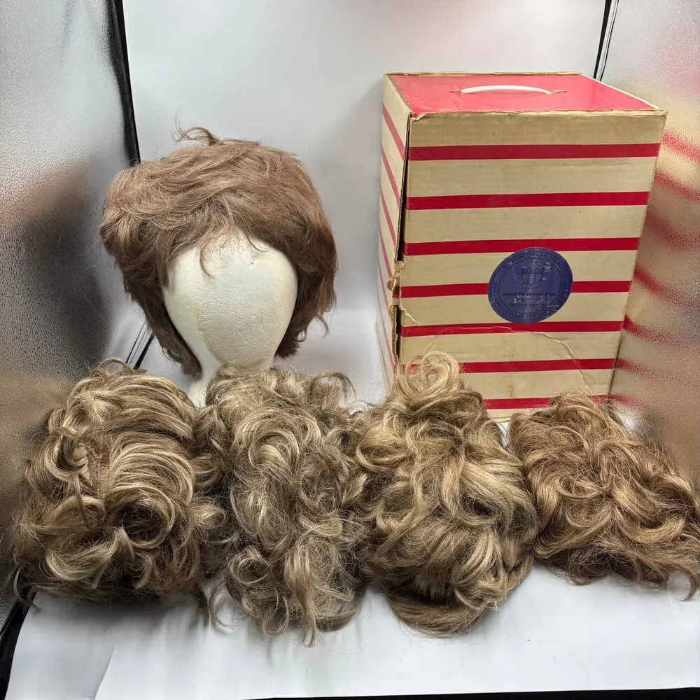 Lot 5 Vintage Wigs & Storage Box & Styrofoam Head Wiglet 1 Human Hair Modacrylic